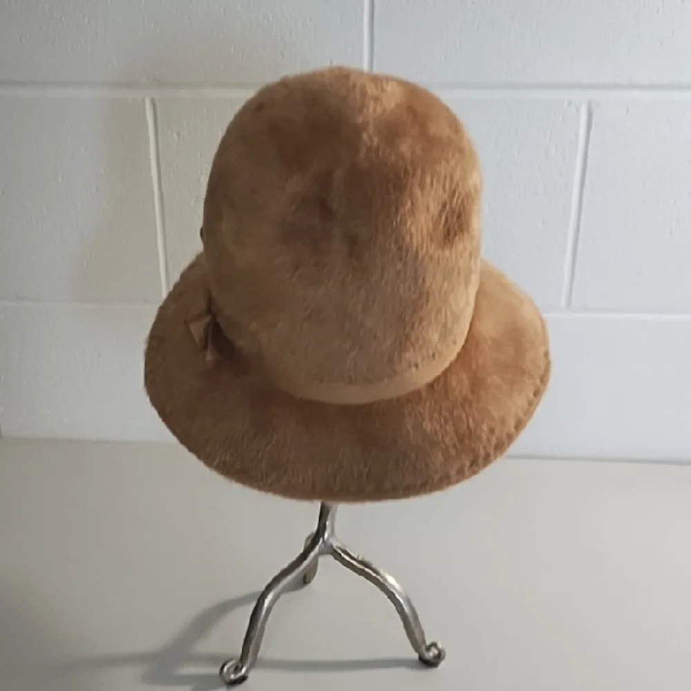 Shari Creations Soft Tan Fur Bucket Hat Grosgrain Hat Band